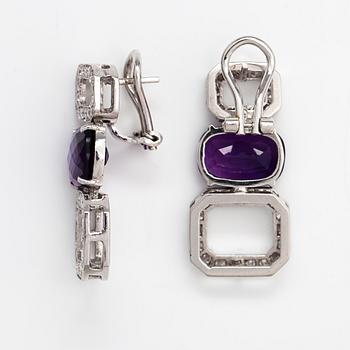 A pair of 18K white gold earrings with amethysts and diamonds ca. 1.24 ct in total. Italy.