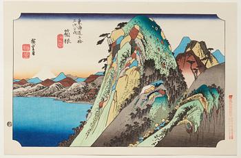 ANDO HIROSHIGE, senare avdrag, mapp, "The fifty-three stations on the tokaido", utgiven av Kata Hanga Kenkyujo.