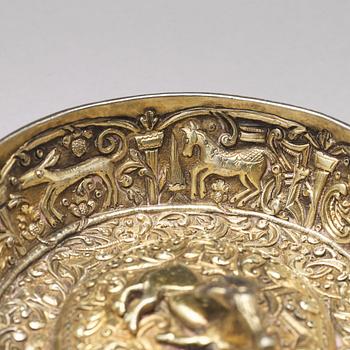 A parcel-gilt silver repoussé bowl, possibly Serbia 17th century, unmarked.