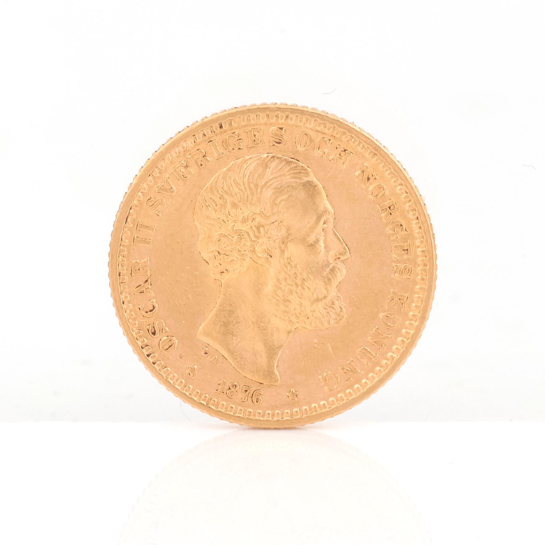 GULDMYNT, 10 kronor, Oscar II av Sverige och Norge 1876. Vikt ca 4,5 gram.