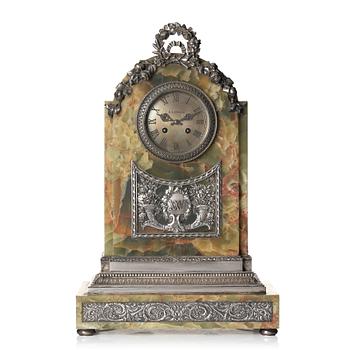 440. A silver jubilee hardstone and silver mantle clock by W.A. Bolin, Moscow 1912-1017.