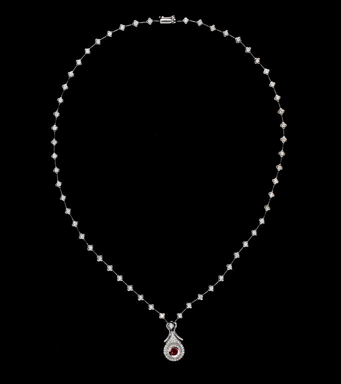 A ruby and diamond necklace, tot. app. 1.80 cts.