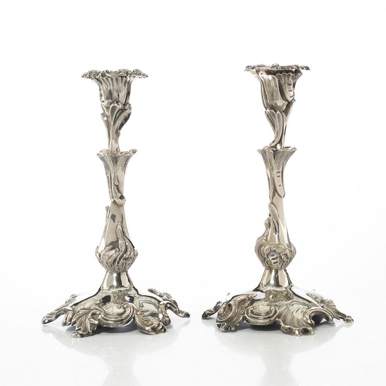 Gustaf Möllenborg, a pair of neo-rococo silver candle sticks, Stockholm, Sweden, 1855.
