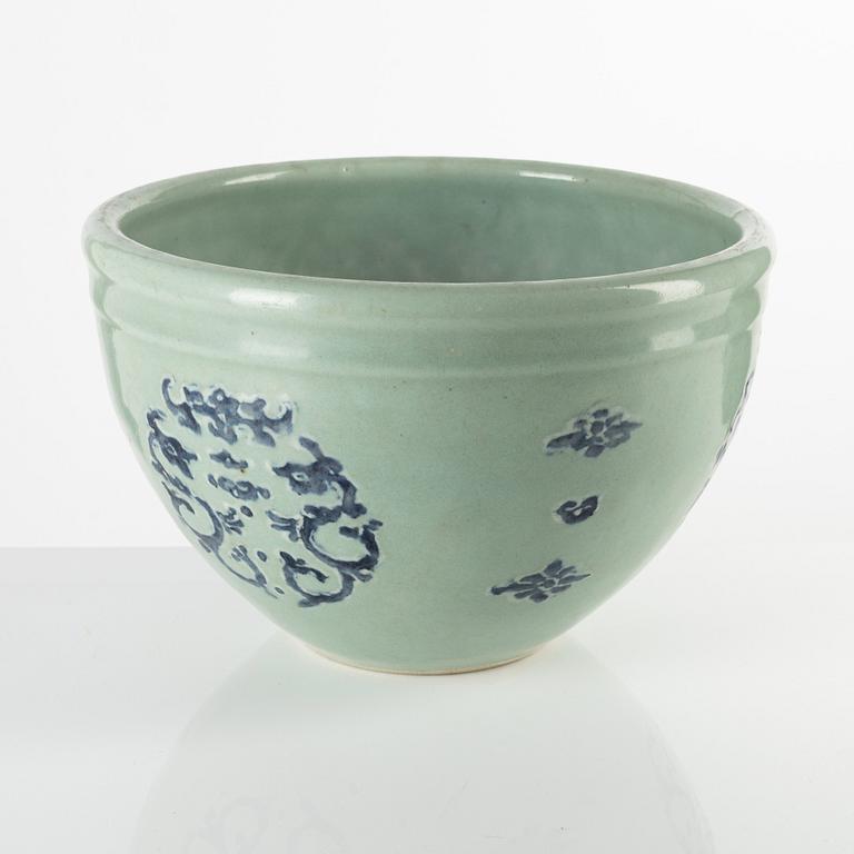 A celadon ground blue and white flower pot, 20th century.