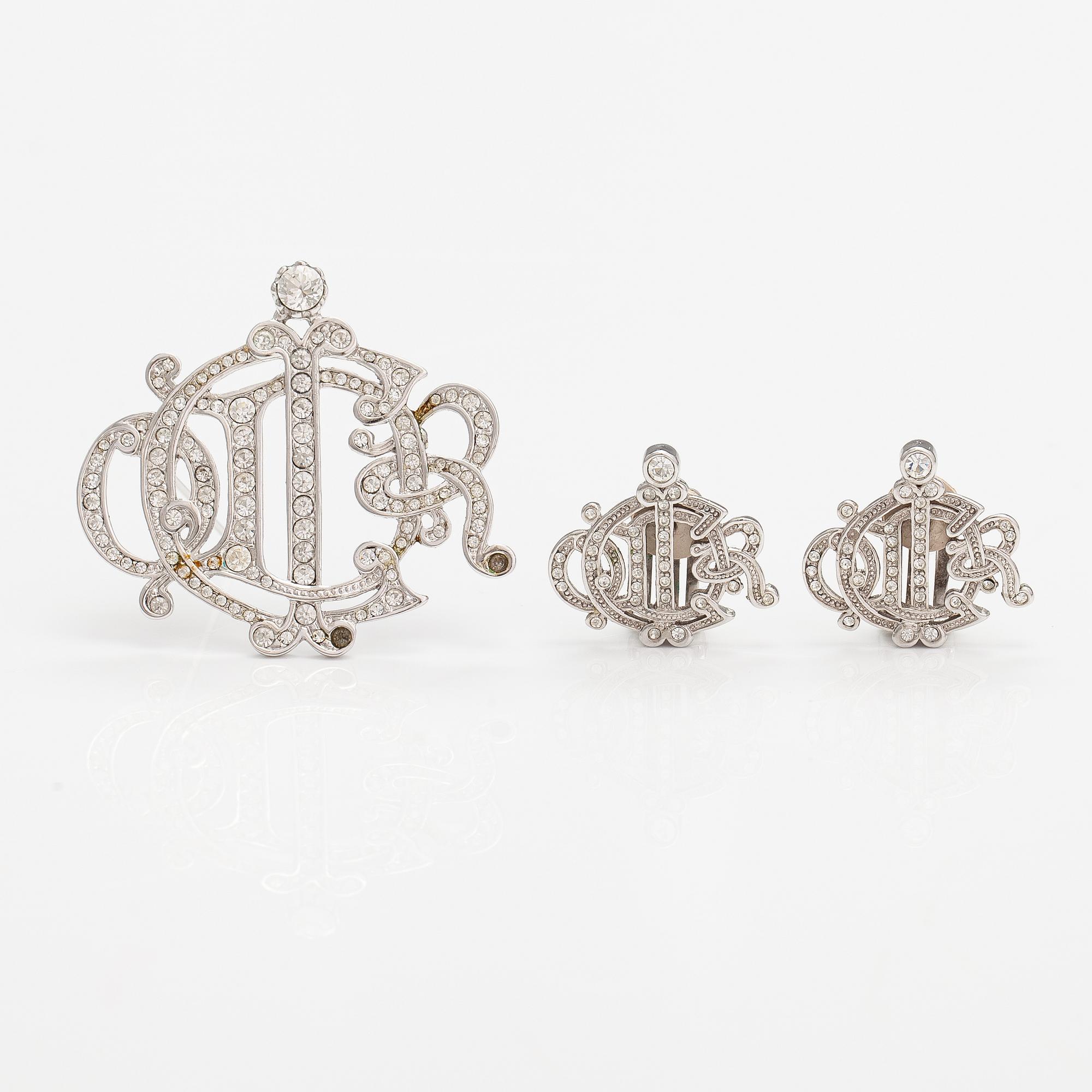 Christian Dior, Brosch och örhängen, silverfärgad metall och