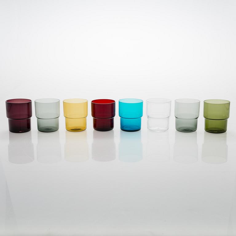 Saara Hopea, A glass pitcher and six glasses in rattan basket, for Nuutajärvi. Designed year 1952.