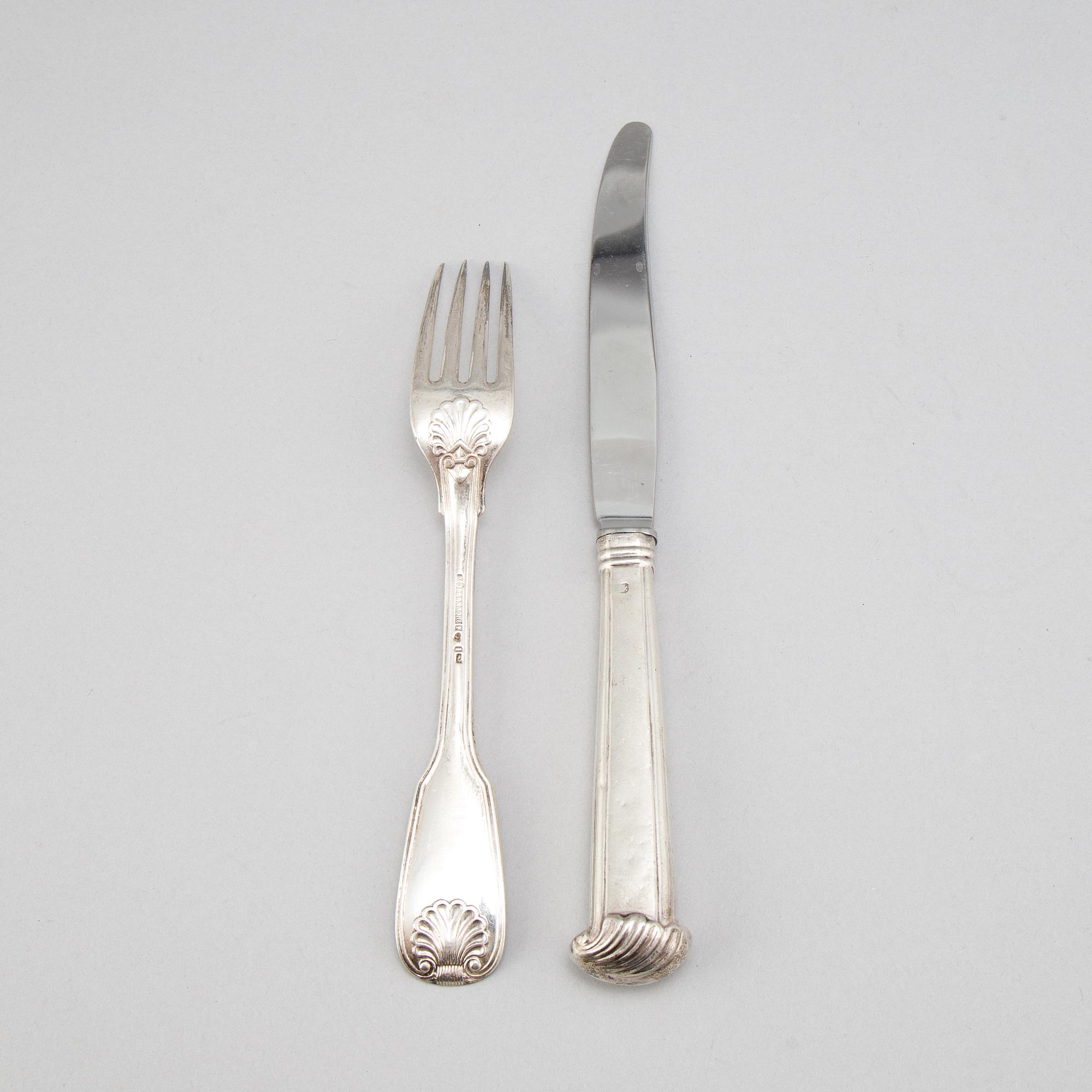 6+6 silver cutlery, some with mark of Gustaf Möllenborg, Stockholm 1866.