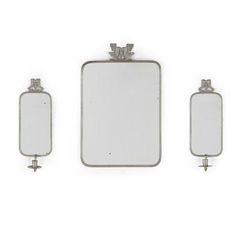 SPEGEL samt SPEGELLAMPETTER, 3 delar, tenn, Art Deco, 1930-tal.