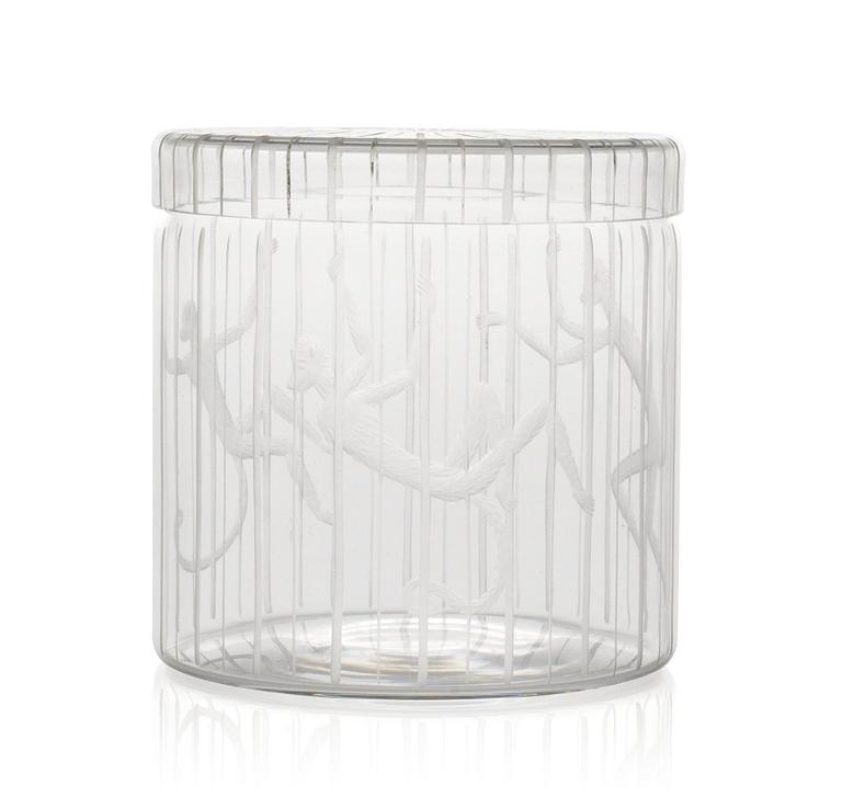 An Edward Hald engraved glass jar and cover "Apburen", Orrefors 1943.