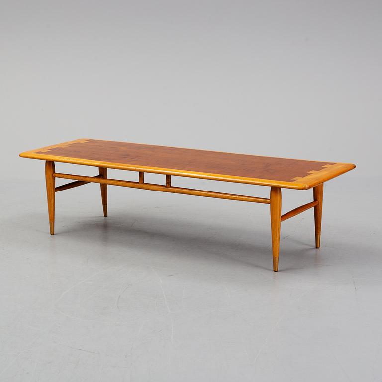 An oak and teak coffee table marked 'Lane Altavista, VA.'.