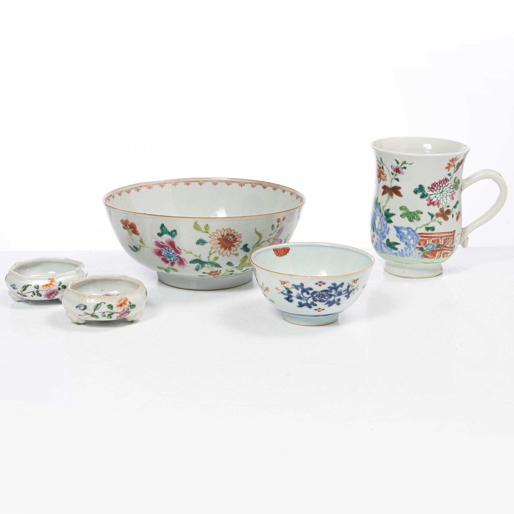 Parti Famille Rose-porslin, 5 delar, kina, Qianlong (1736-95).