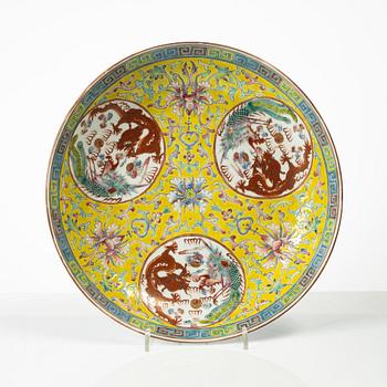 A Chinese yellow ground porcelain dish, 20th century.