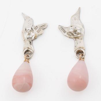 Mandelstam hummingbird earrings in silver and 18K gold, enamel and pink opal.