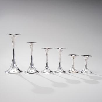 TAPIO WIRKKALA, SET OF SIX OF CANDLESTICKS. Signed TW. Silver 830.