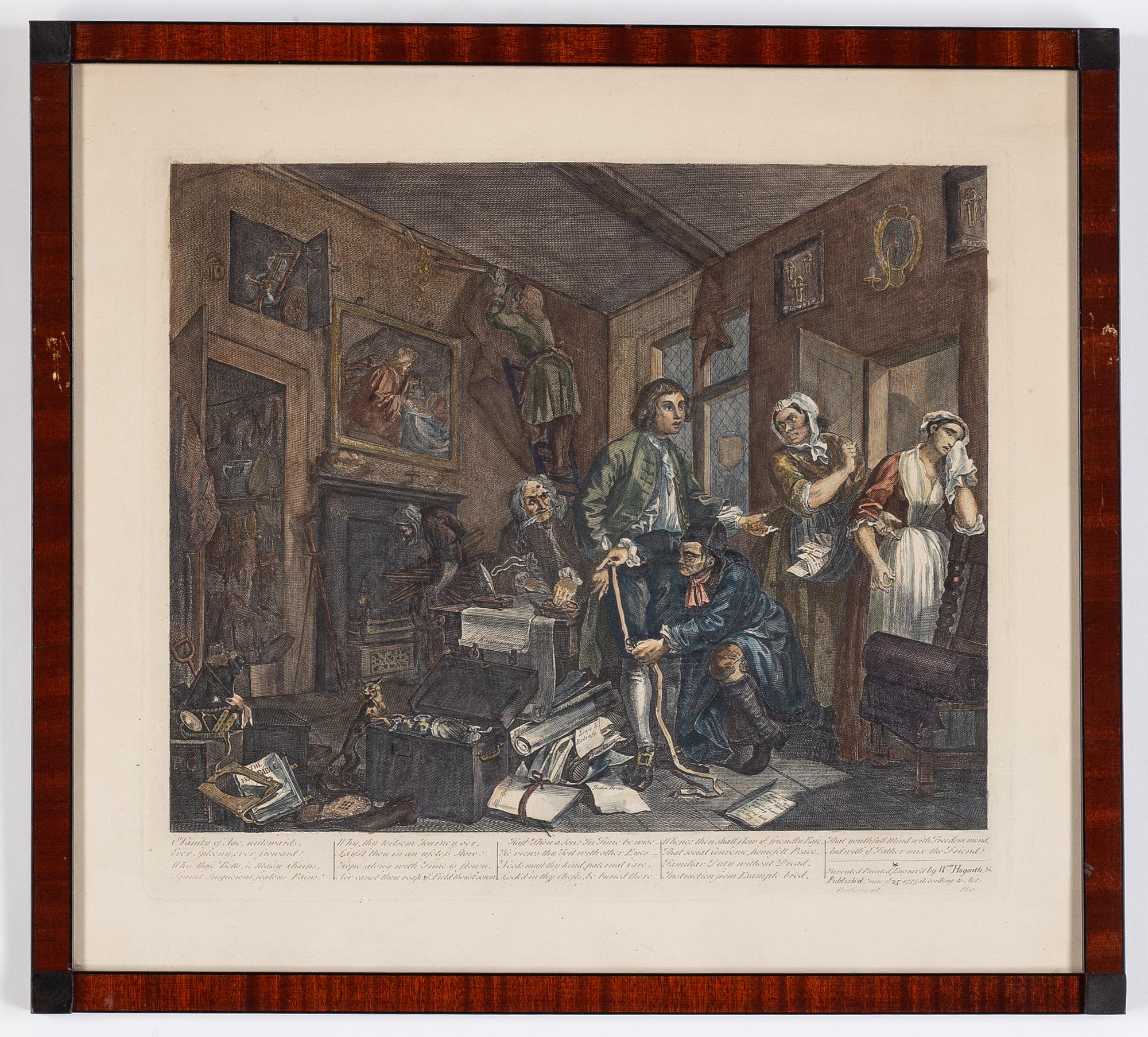 William Hogarth, efter, åtta stycken kolorerade etsningar och gravyrer.