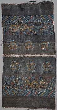 Three embroidered silk panels and a group of silk textiles, Qing dynasty (1644-1912).