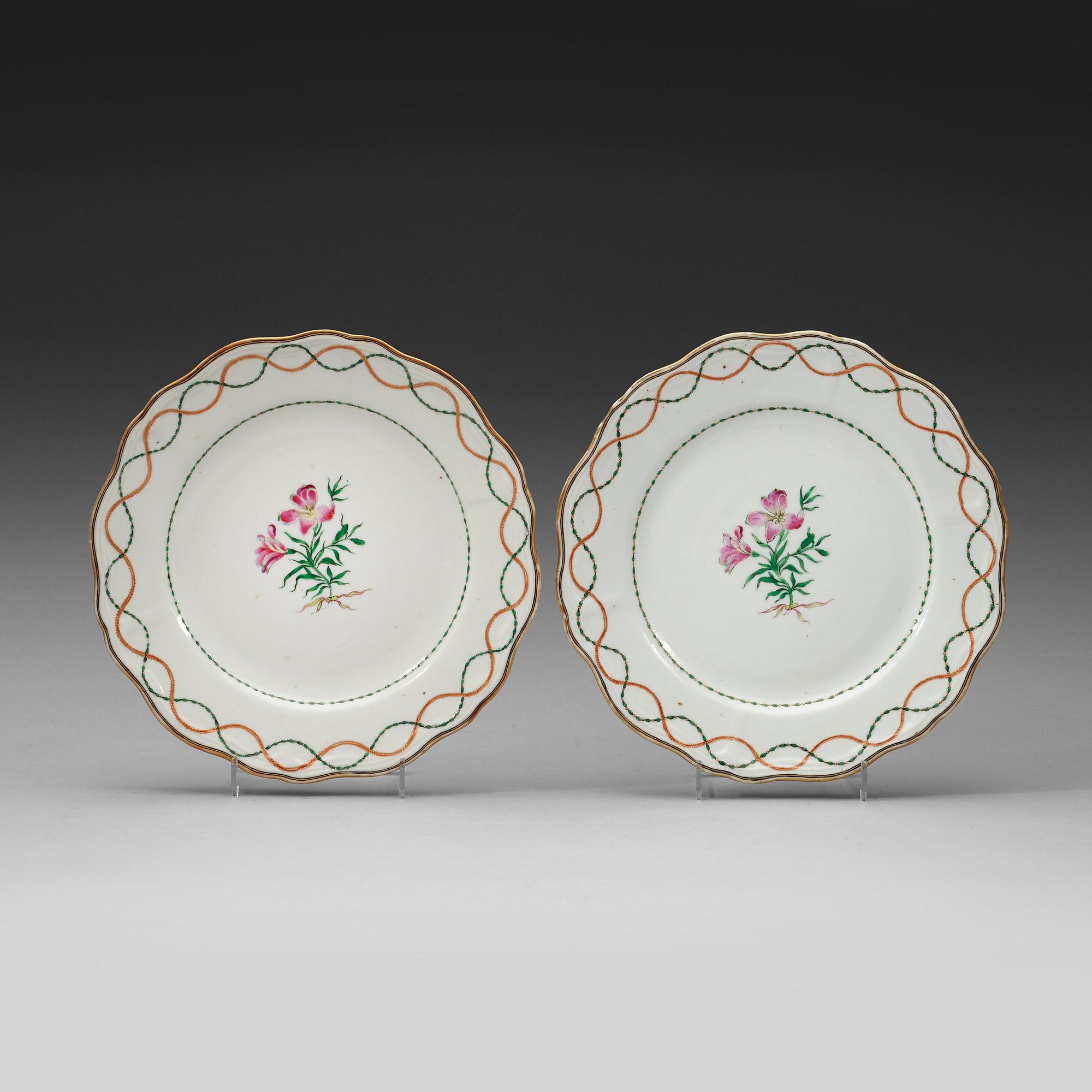 A pair of famille rose armorial dishes for Claes Alströmer, Qing dynasty, Qianlong (1736-95), ca 1770.