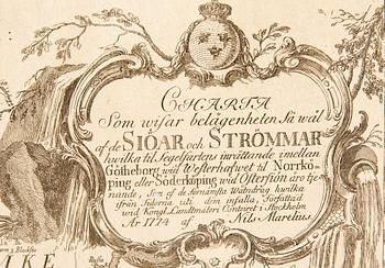 Nils Marelius, map of mid Swedens waterways before Göta Kanal, hand colored copper engraving, Stockholm 1774.
