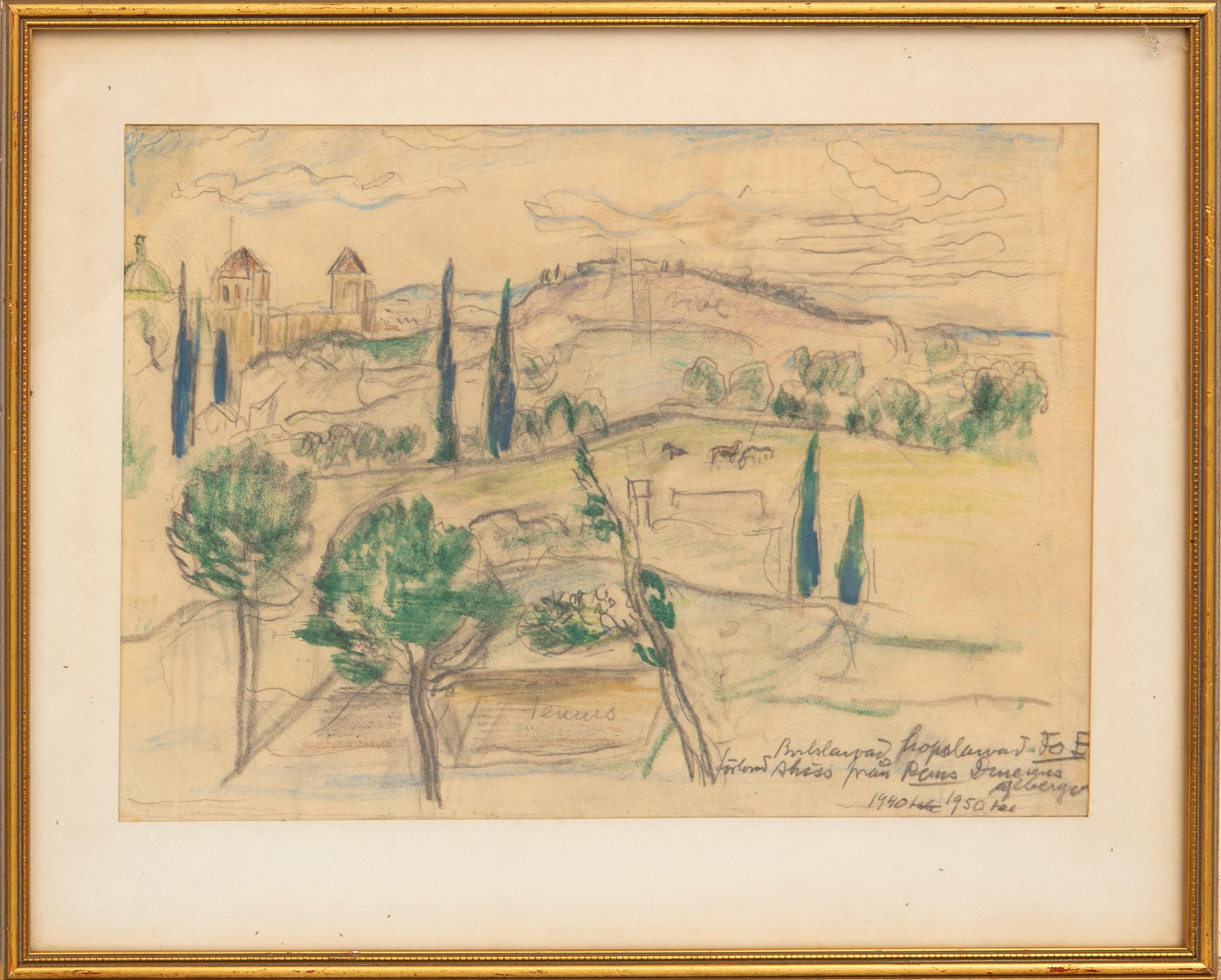 Einar Forseth, View over countryside with buildings.