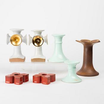 Lisa Larson, two pairs of stoneware candlesticks and three candlesticks, mostly Gustavsberg.