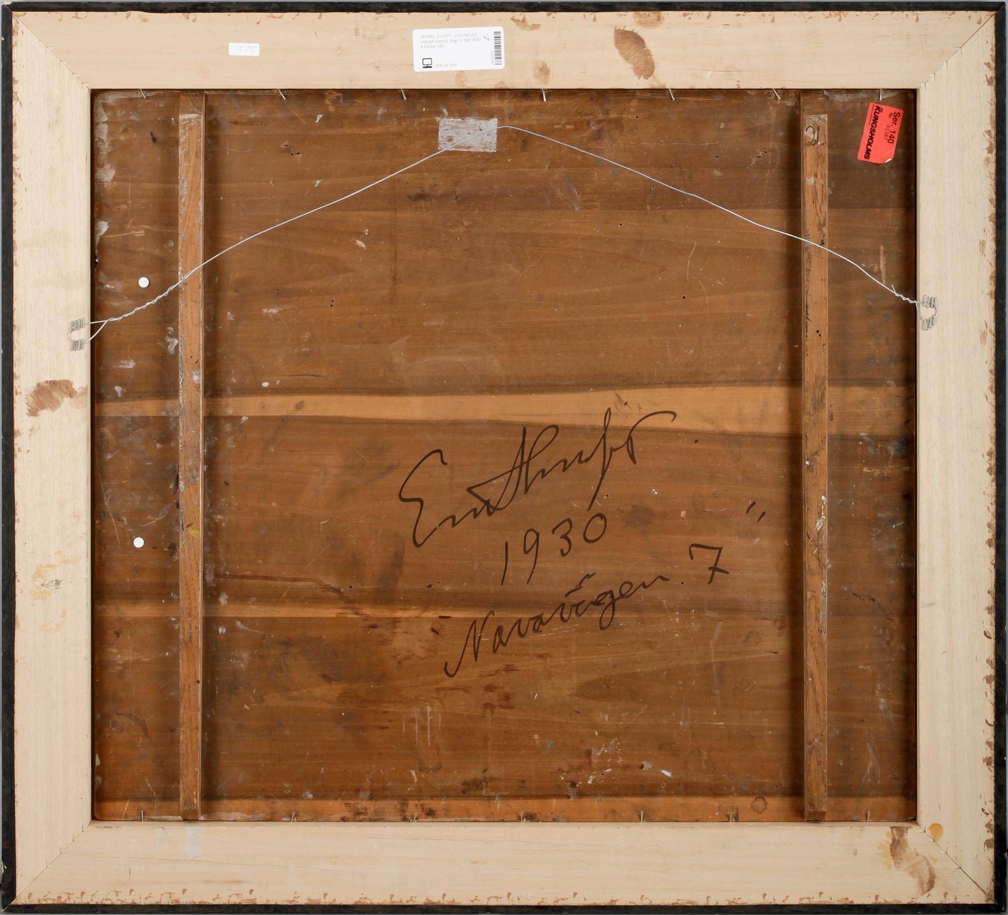 EVERT LUNDQUIST, olja på pannå. Sign o dat 1930 a tergo.