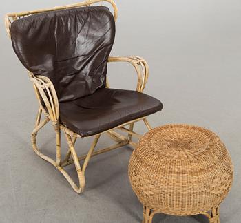 A BAMBOO ARMCHAIR WITH STOOL.