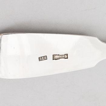 A Russian silver soup ladle and two pairs of silver spoons, Moscow 1874 and Saint Petersburg 1868 and 1887.
