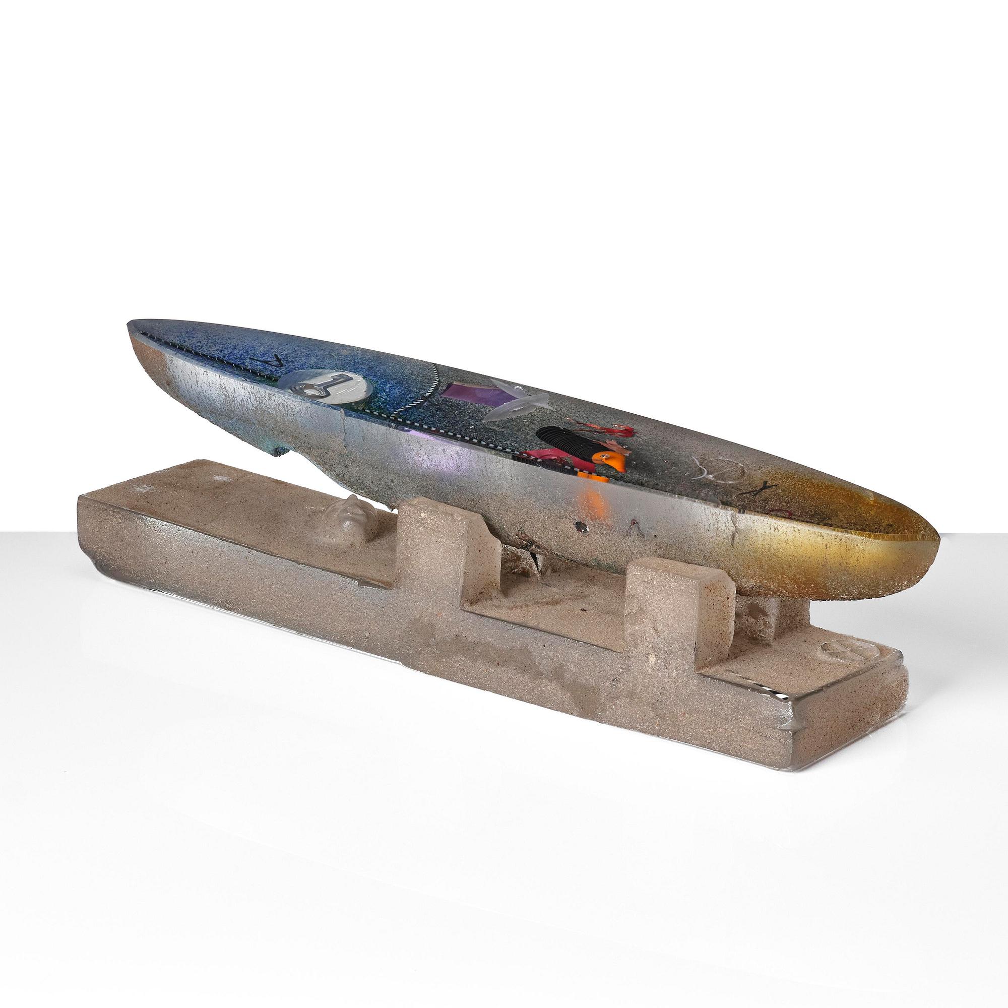 Bertil Vallien, a unique sand cast glass sculpture of a boat, Kosta Boda.