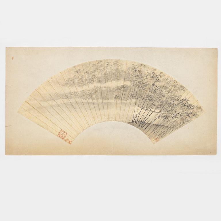 Oidentifierad konstnär, s.k. "Solfjädersmålning", Figur i bambuskog, Kina, 1900-tal.