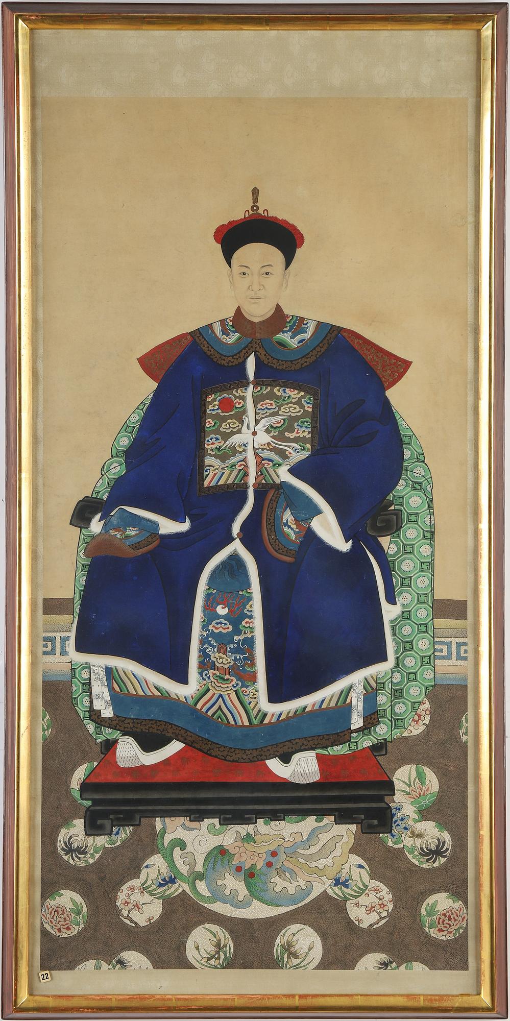 Two Chinese ancestrial portraits, ink and colour on paper, 20th century.