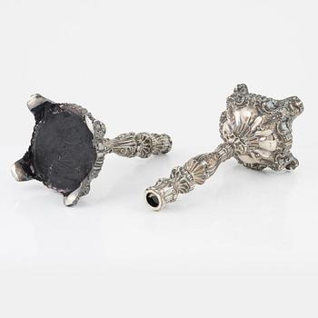 Ljusstakar, ett par, silver, nyrokoko, Gustav Möllenborg, Stockholm, 1848.