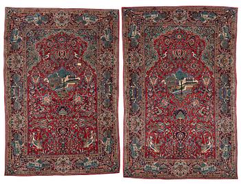 394. A pair of pictoral Keshan rugs, Central Persia, c. 204 x 136 and 200 x 134 cm.