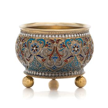 A cloisonné enamel, gilt silver salt cellar, maker's mark of Nikolai Alekseev, Moscow ca. 1900.