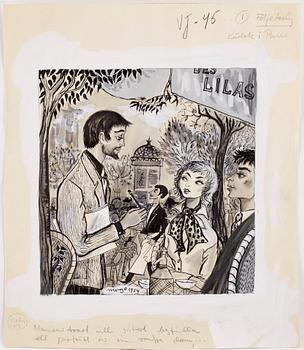 MAX GOLDSTEIN (MAGO), ca 35 st, dräktskisser, teckningar, blyertsskisser, vissa daterade o signerade, Mago 1953.