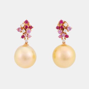 432. A pair of 18K rose gold cultured South Sea pearl earrings.