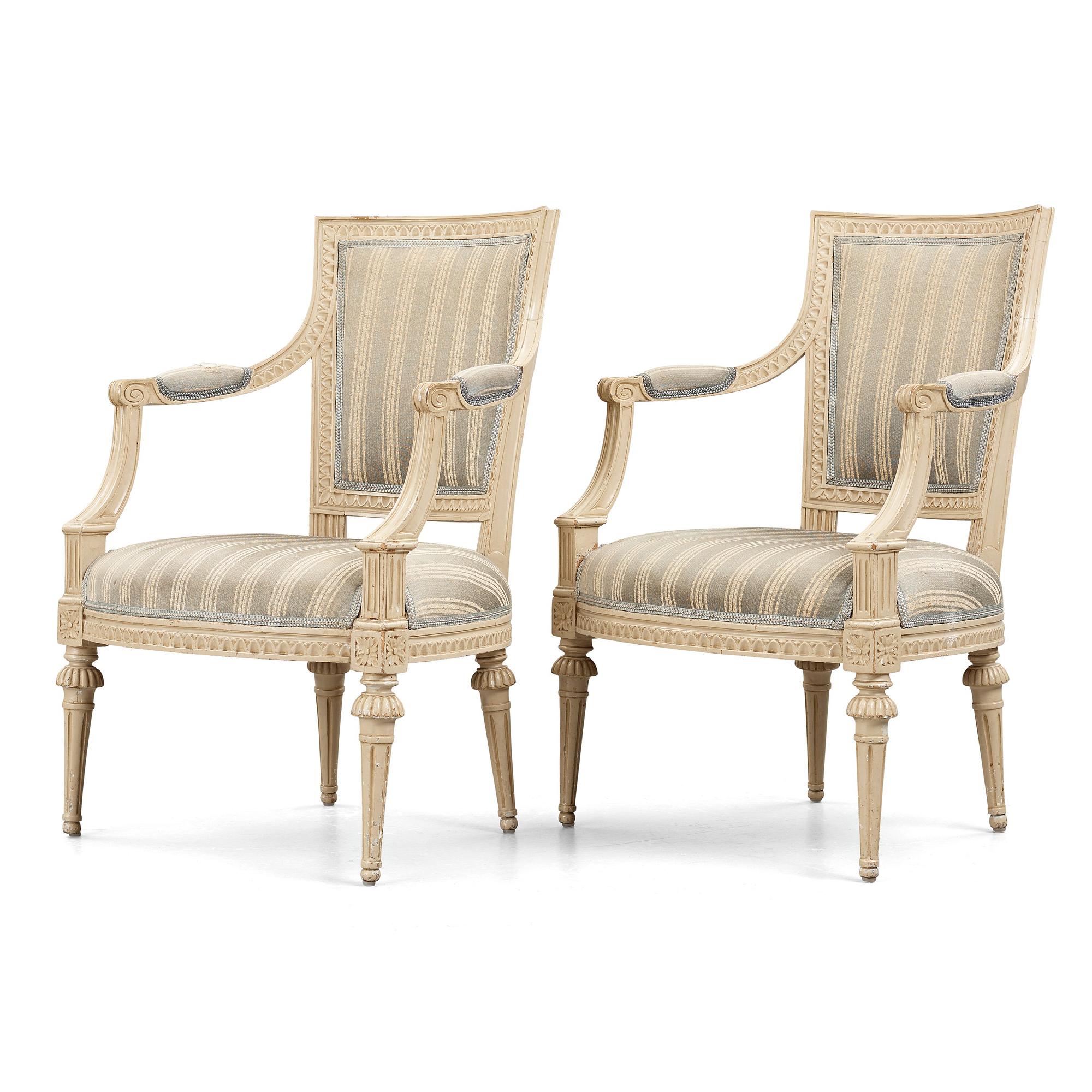 A pair of Gustavian late 18th century armchairs by Lars Söderholm (master in Stockholm 1789-1794).