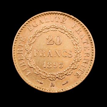 GULDMYNT, 20 francs, Frankrike, 1893. Vikt ca 6 gram.