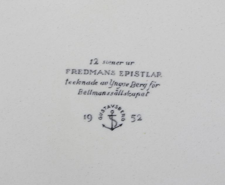 TALLRIKAR, 12 st. Flintgods Gustavsberg. "Fredmans epistlar".
Tecknad dekor av Yngve Berg för Bellmanssällskapet.