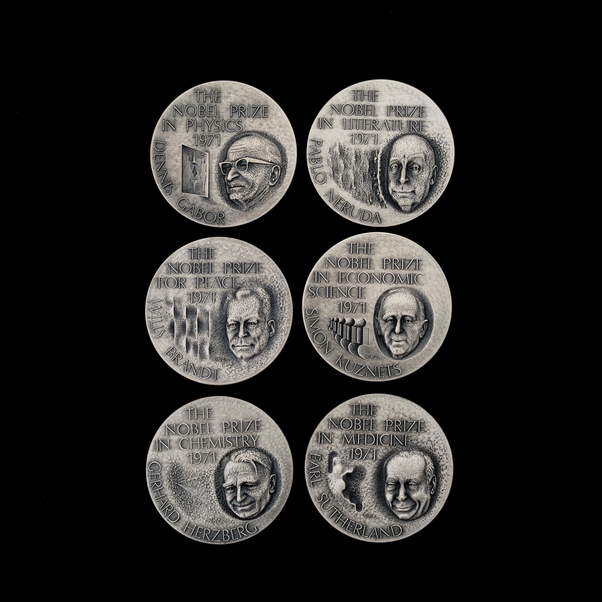 A SET OF SIX SILVER COLLECTORS COINS, Nobel Price Winners 1971 from Sporrong, Sweden.