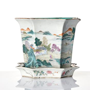 A famille rose flower pot with a stand, Qing dynasty with a Yongzheng mark.