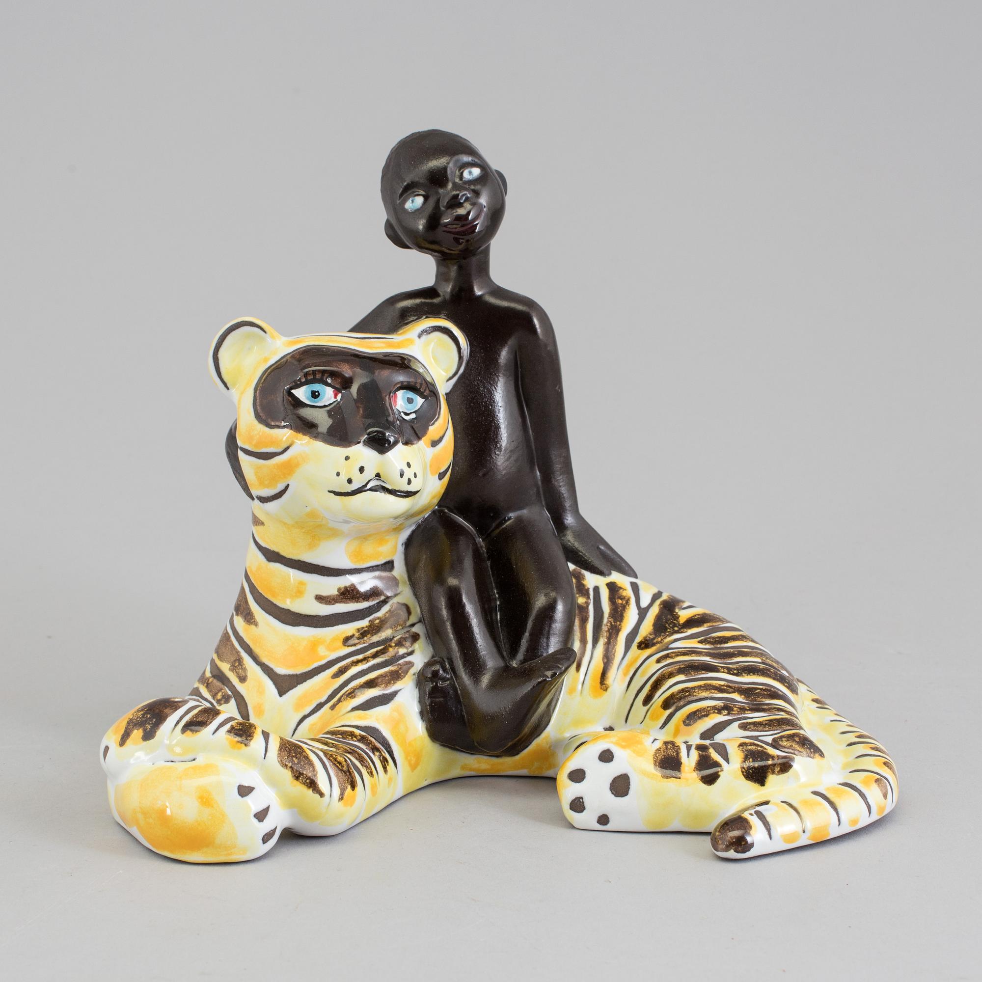 DOROTHY CLOUGH, "Pojke på tiger", Upsala-Ekeby, signerad. Modellnummer 8001.