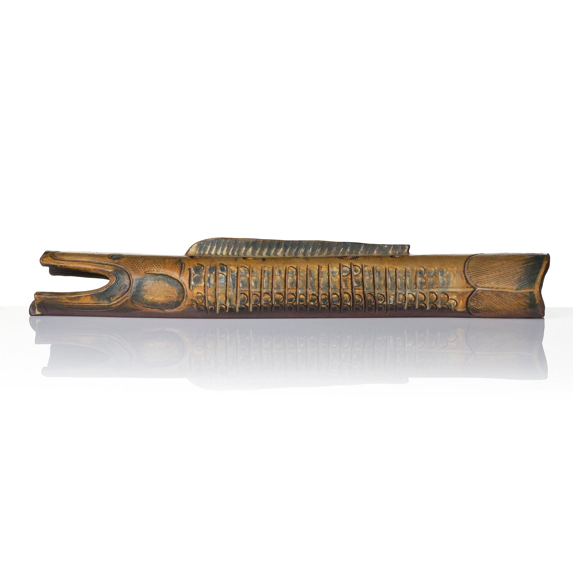 Wilhelm Kåge, a "Farsta" stoneware sculpture of a dragon fish, Gustavsberg Studio, 1953.