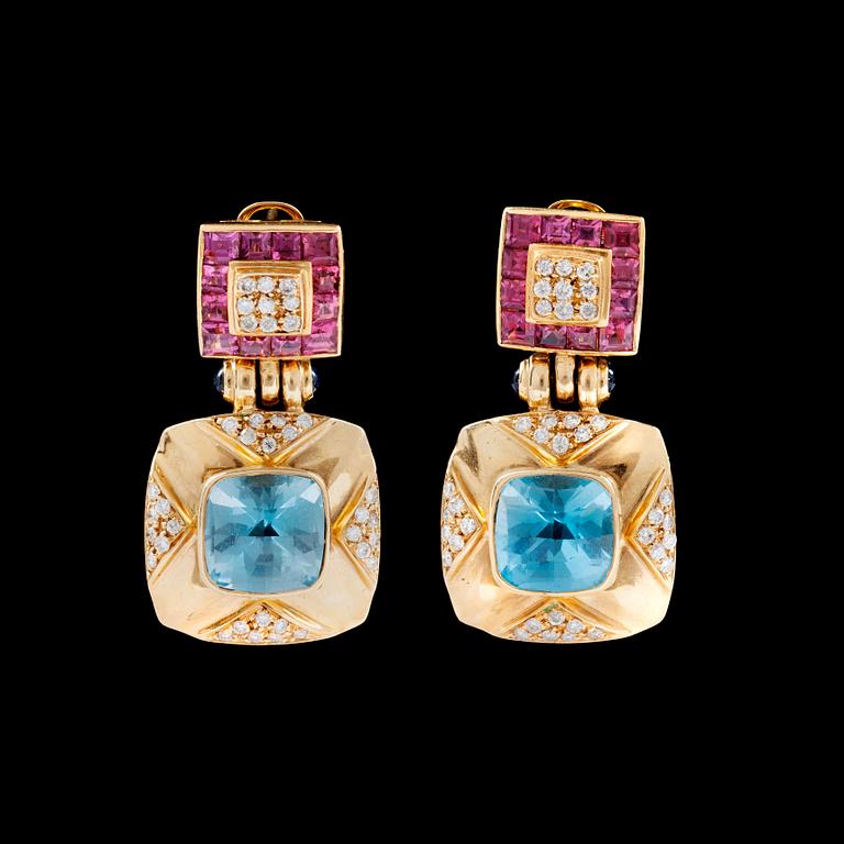 A pair of blue topaz, brilliant-cut diamonds and pink tourmaline. otal carat weight of diamonds circa 1.00 ct.