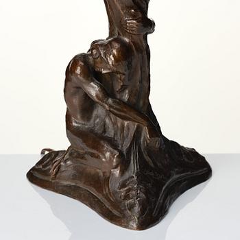 Alice Nordin, a 'Night and Morning' patinated bronze table lamp, Herman Bergman Konstgjuteri, Stockholm, early 1900s.