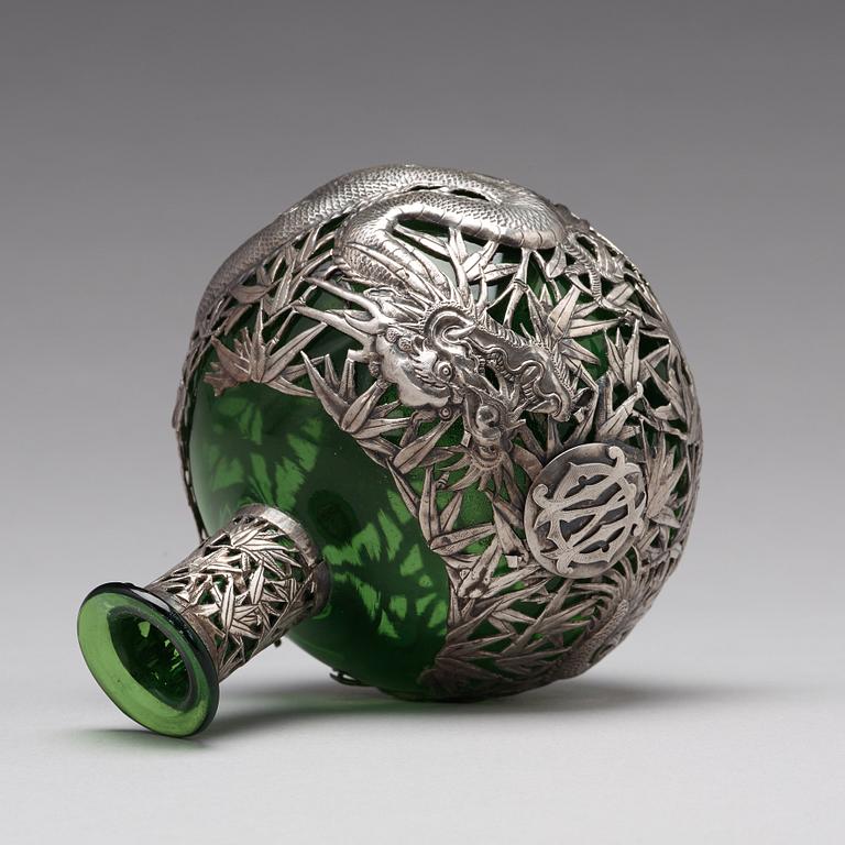 A Chinese silver mounted glass bottle, Shanghai, 1910's.