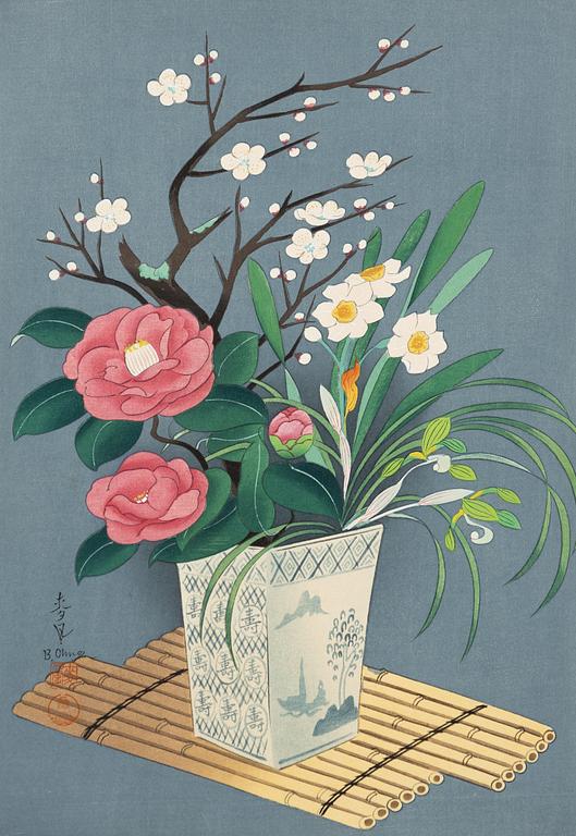 Ohno Bakufu, Motif of a bird and flowering roses, and a vase with prunus, peonies, daffodils and an orchid.