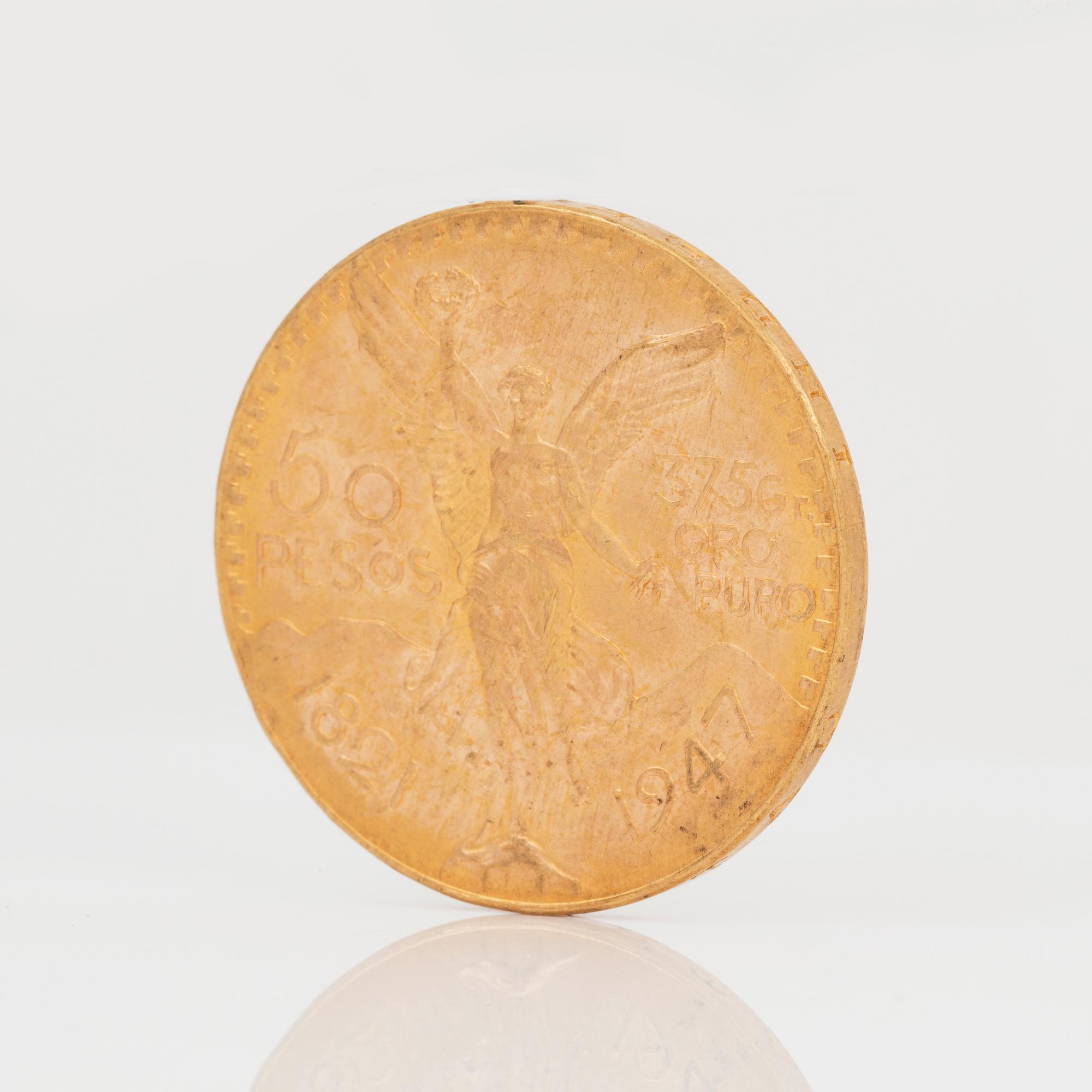 GULDMYNT, 50 Pesos Estados Unidos Mexicanos, Oro Puro. 21k, vikt ca 41 g.