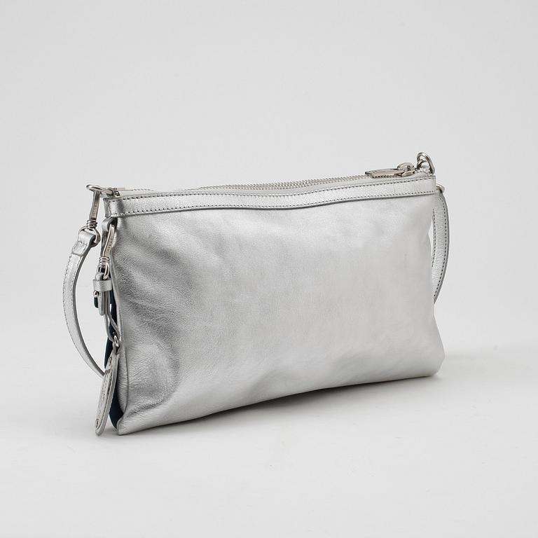 HOGAN BY KARL LAGERFELD, a silver and blue leather clutch with detachable shoulder strap.