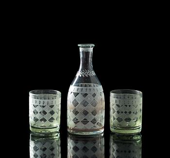 1314. A set of 12 Swedish glasses and a bottle, 19th Century.