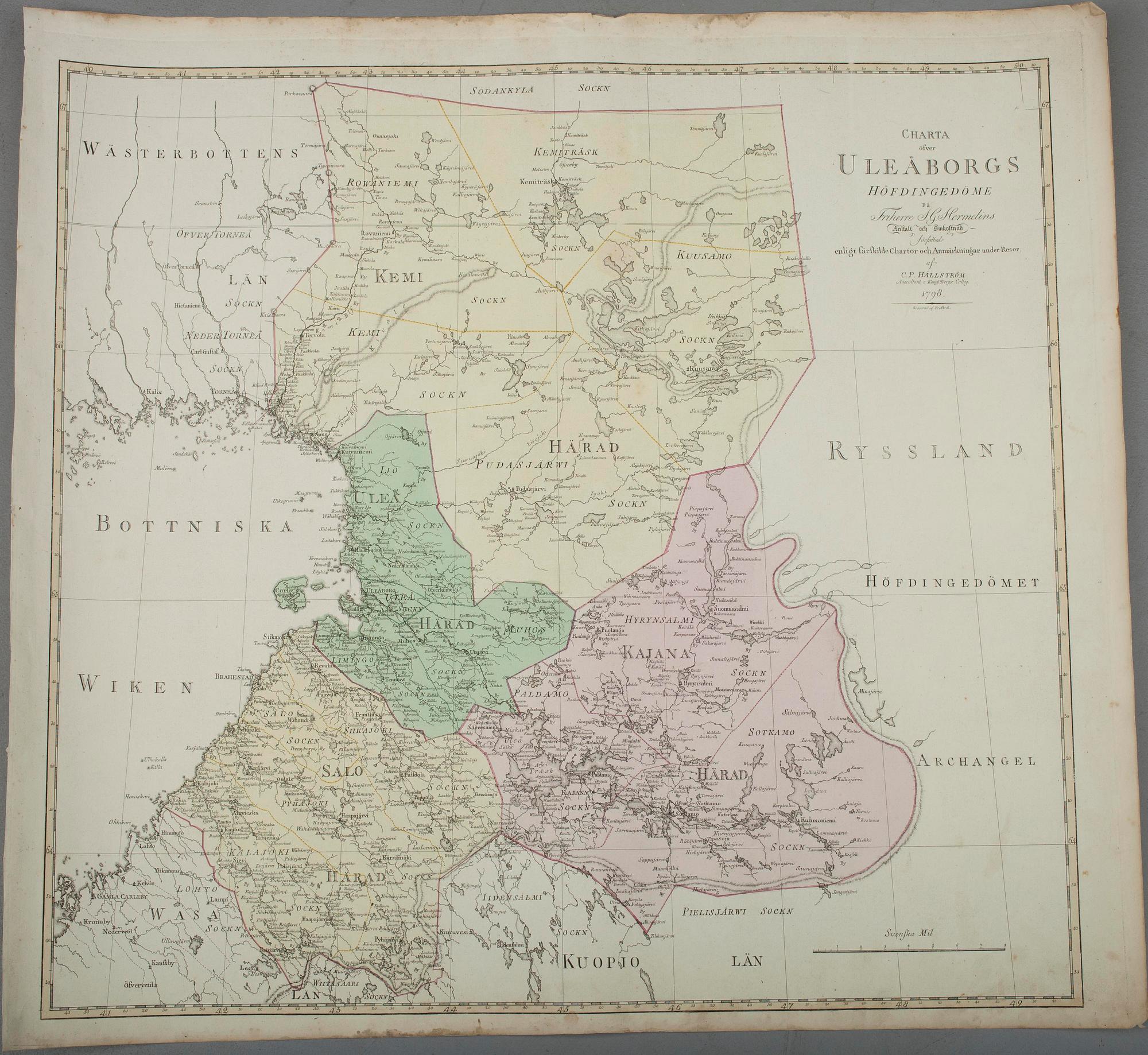 KARTA. Charta öfver Uleåborgs Höfdingedöme 1798, C.P. Hällström, gravör Fr. Akrel.